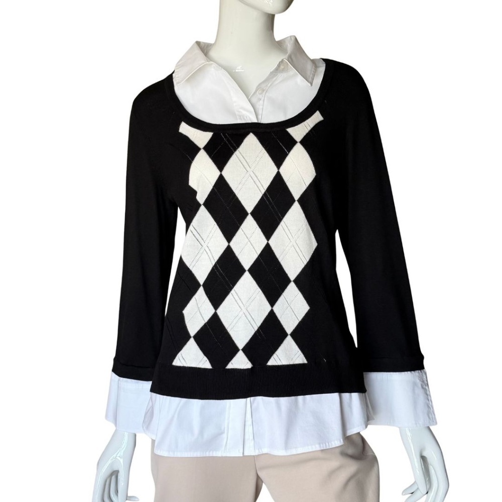 White House Black Market Layered Argyle Sweater Size Medium - Picture 4 of 5